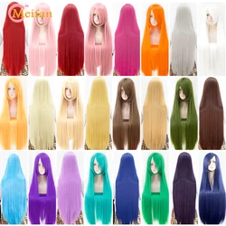 Meicooler peruca longa e reta de 100cm, cabelo sintético, anime, cosplay, preto, marrom, rosa, roxo, para mulheres preto/branco