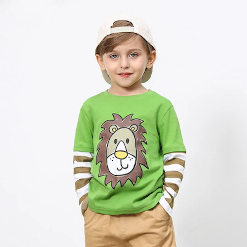 2024 Spring Autumn For 2-8 9 10 Years Children Cotton Striped Color Patchwork Cartoon Animal Baby Kids Boys Long Sleeve T-Shirts