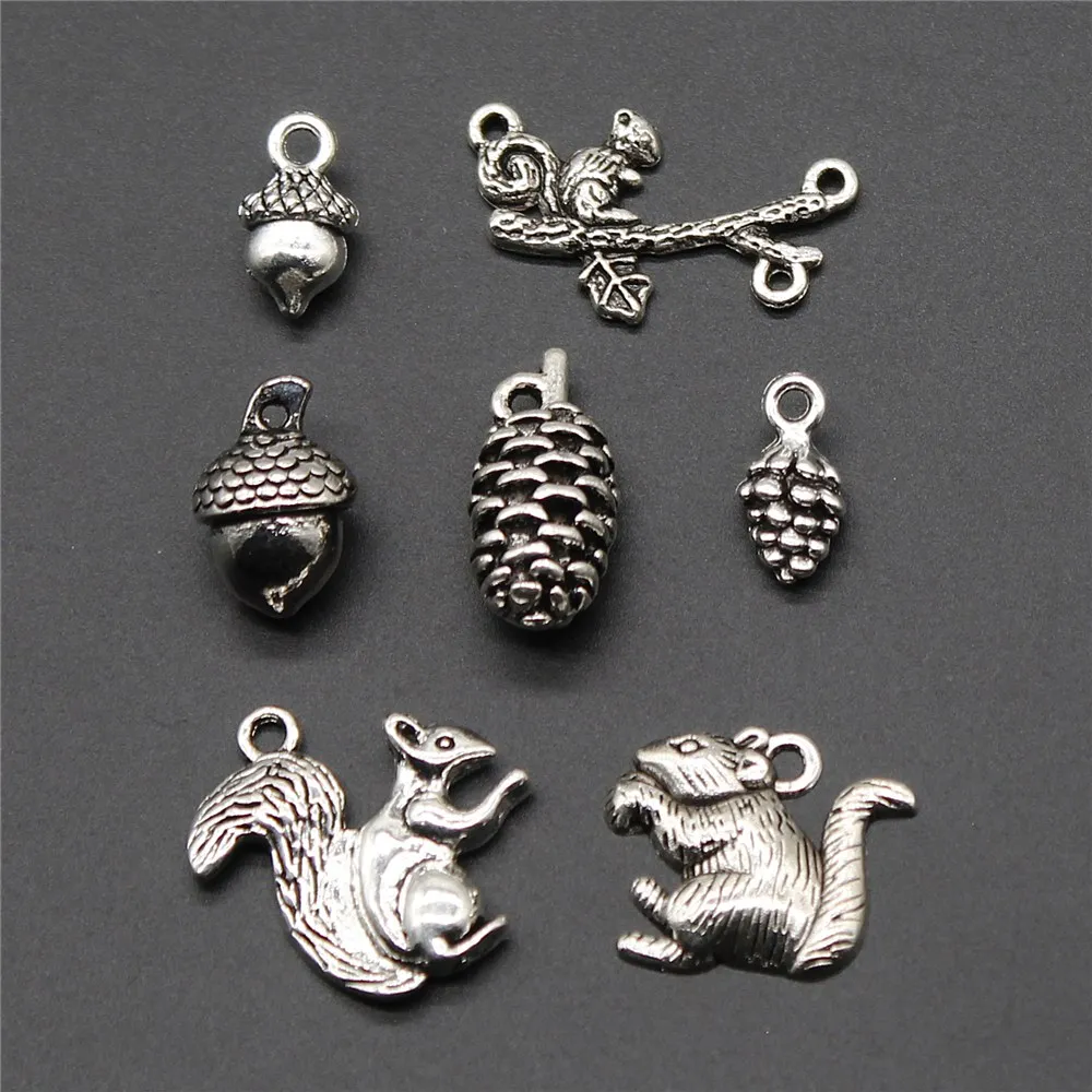 10pcs Antique Silver Color Squirrel & Pine Cone Pendant Charms Jewelry Accessories Squirrel Pine Cone Charm