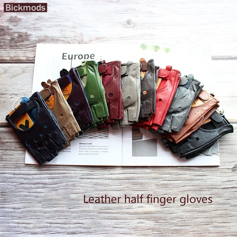 New Women\'s Sheepskin Half Finger Gloves Leather Single Layer Unlined Thin Hollow Fitness Driver Motorcycle Leather Gloves