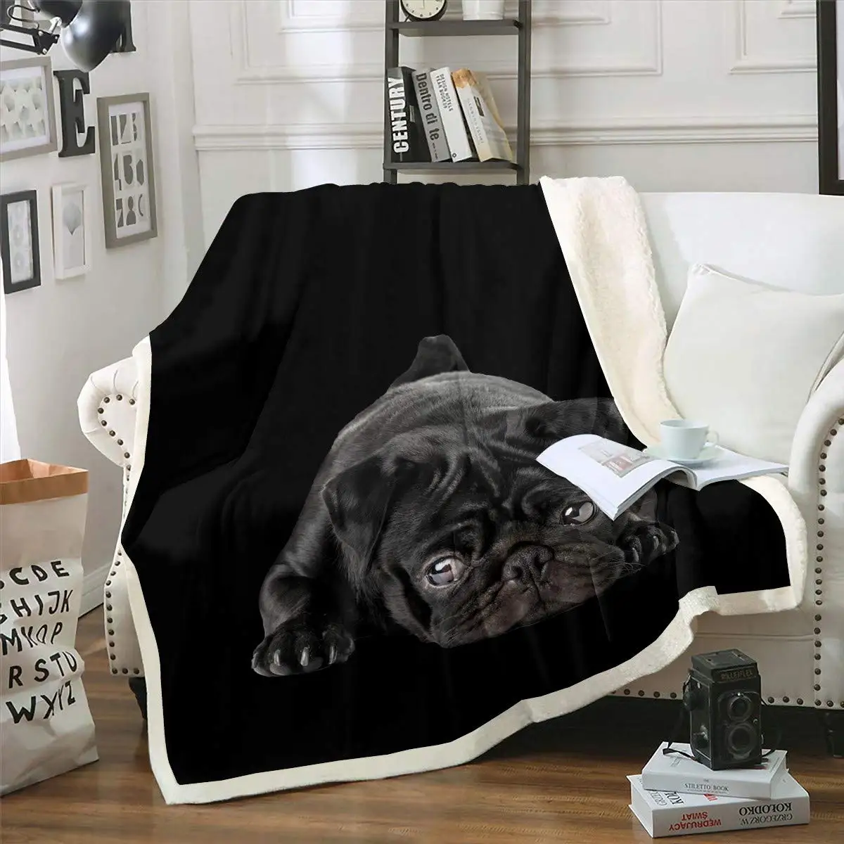 

Dog Printed Sherpa Blanket Cute Pug Dog Fleece Throw Blanket 3D Animal Theme Plush Blanket for Sofa Bed Couch Room Decor Lovely