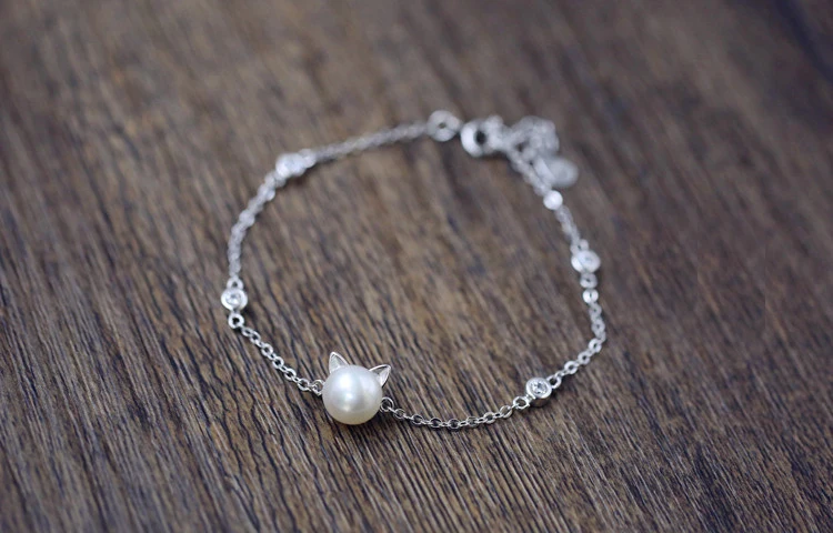 Personality New Art 925 Sterling Silver Jewelry Female Simple Bar Cat pearl High-quality Popular Bracelet