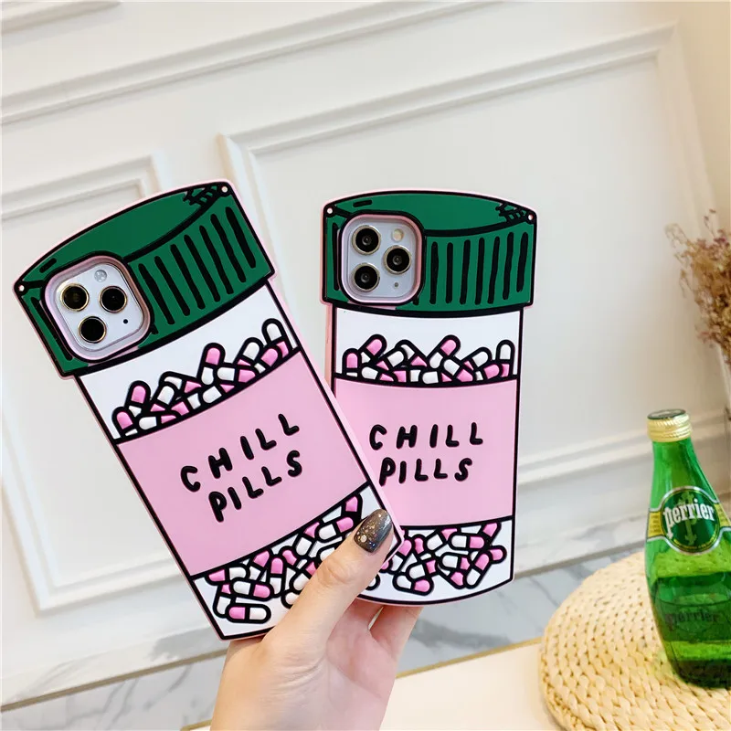 3D Cute Cartoon Chill Pills Case for iPhone 18 Pro Max/16/15/14/13/12/11 Medicine Bottle Soft Rubber Back Cover Funda iPhone 17
