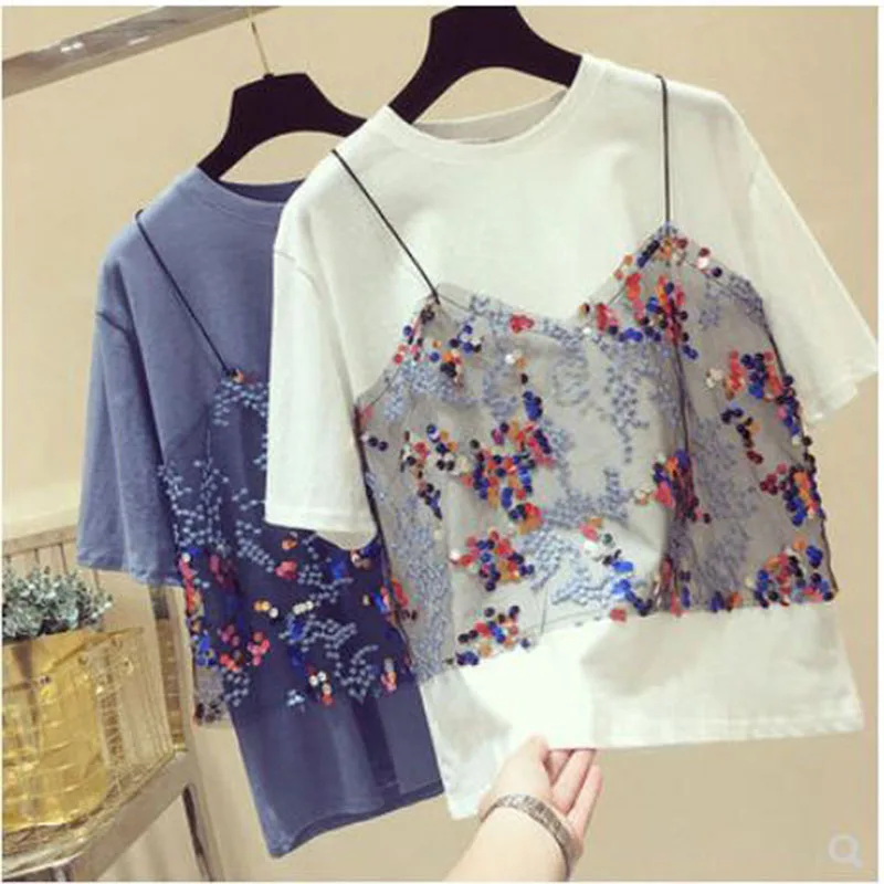 

Summer Women Pure Cotton Sequined Mesh Ffake Two T-Shirts Sequined Patchwork T-Shirt Student Short-Sleeved High Street Fashion