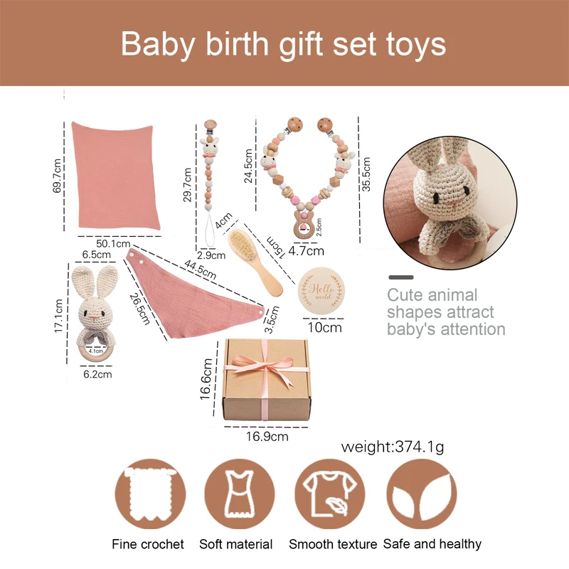 Bopoobo Baby Toys Set Wooden Cartoon Animal Newborn Gift Box Bath Towel Pacifier Chain Brush Milestone Personalise Photograph