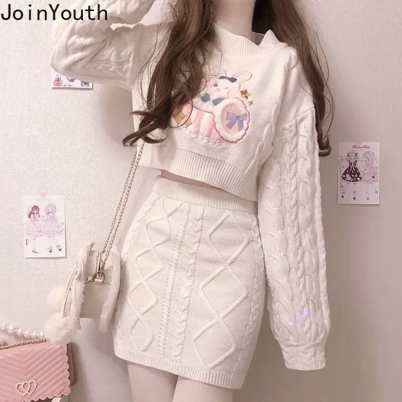 Joinyouth-Conjunto de dos piezas de moda japonesa para Mujer, jerséis recortados acanalados, minifalda ajustada, Ropa de punto, 2 piezas