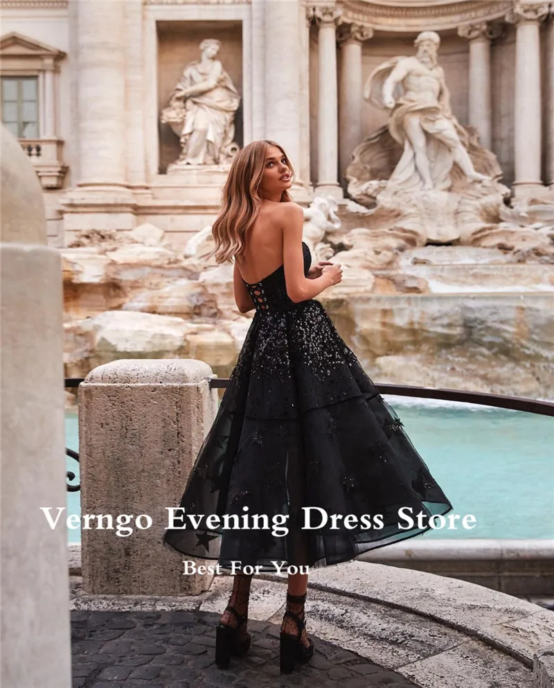 Verngo-vestido de noche negro sin tirantes, falda mullida con patrón de estrellas, cuentas brillantes, vestidos de graduación, vestido de fiesta largo hasta el té