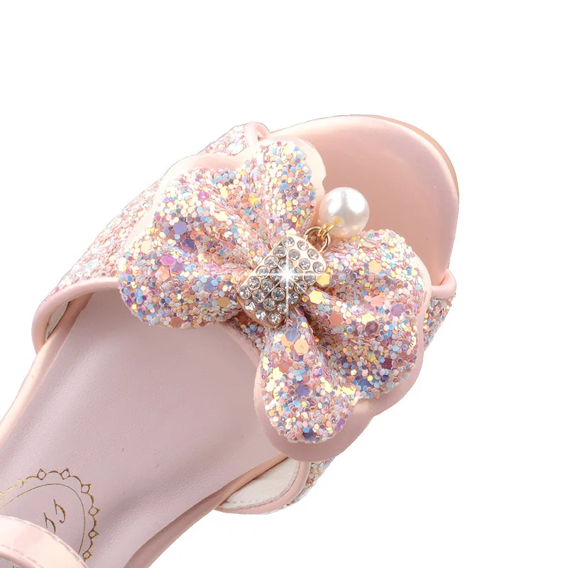 Girls Princess Shoes Shiny Children's High Heels White Show Leather Shoes New Summer Girls Bowtie Paillette Performance Sandals