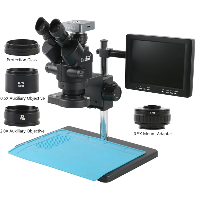 3.5X-90X Zoom Simul-Focal Trinocular Stereo Microscope +0.5X 2X 1X Auxiliary Objective Lens+ HDMI USB VGA Camera + 8