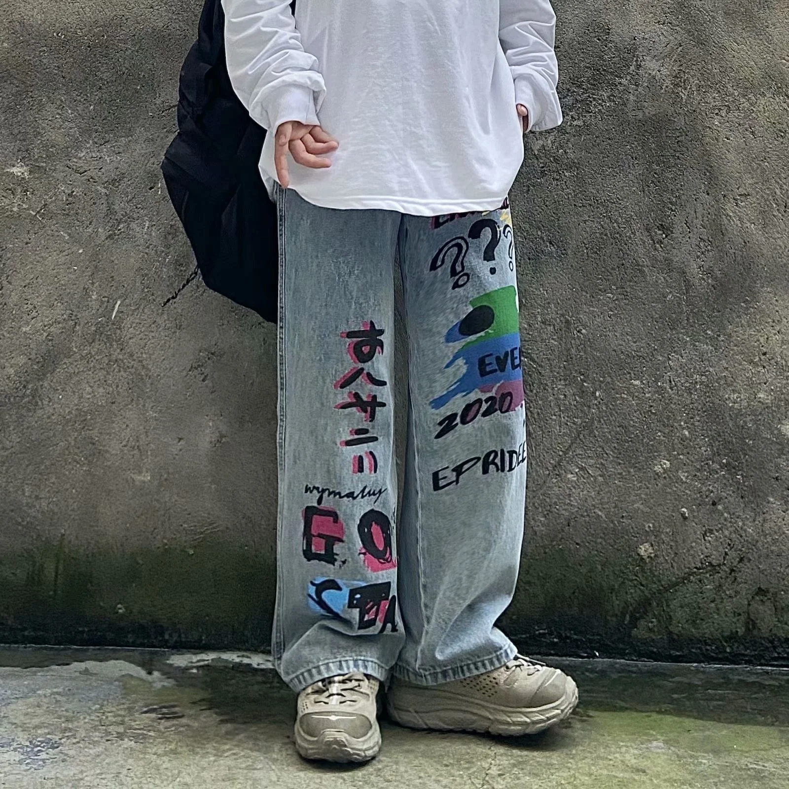 Trendy brand new hip hop graffiti street straight tube wide leg dad loose ins jeans for men and women streetwear hiphop