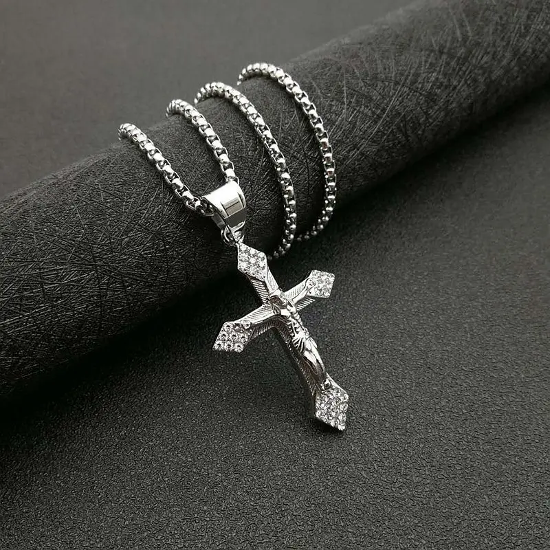 Gold color tone Cross Christ Jesus Pendant Necklace with zircon 316L Stainless Steel Link rolo Chain Heavy Men Jewelry Gift