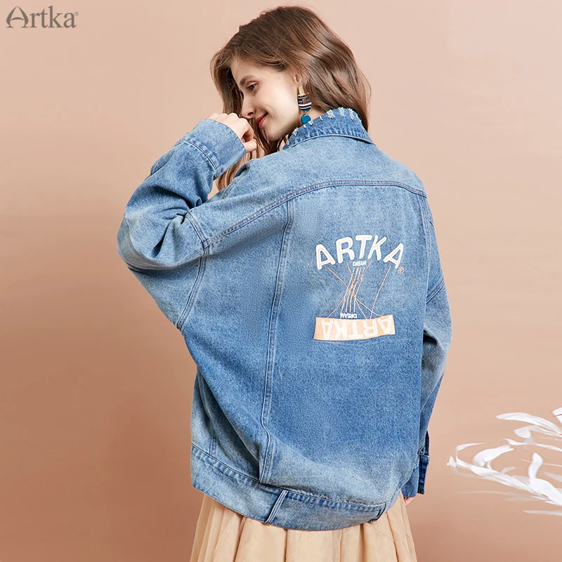 ARTKA 2025 Spring New Women Denim Jacket Fashion Letter Print Streetwear Jacket Shredded Oversize Denim Jackets Women WN10094Q