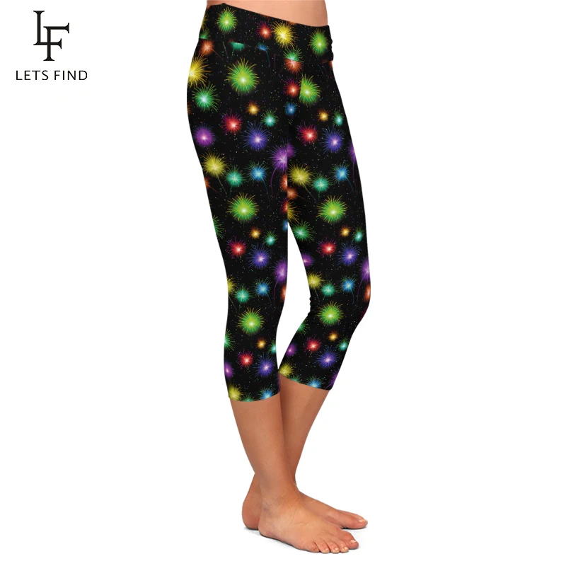 Letsfind 2020 Nieuwe Kleurrijke Vuurwerk Patroon Print Leggings Fashion Hoge Taille Fitness Mid-Kalf Stretch Leggings