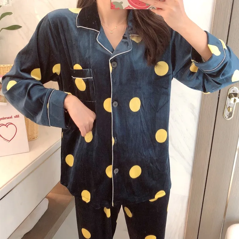 2PCS Pajamas Suit Women Kimono Gown Autumn New Velour Sleepwear Printed Polka Dot Intimate Lingerie Casual Loose Nightwear