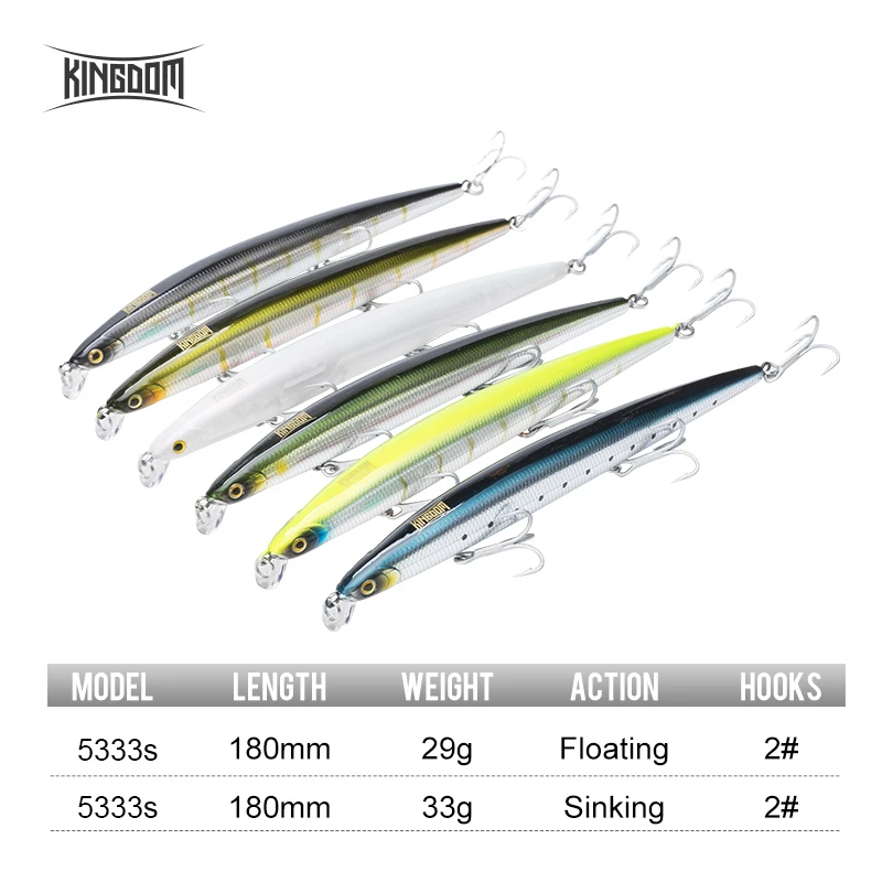 Kingdom Fishing Lures Sea Jerkbait 180mm 29g 33g Floating Slow Sinking Minnow Swimbaits Wobblers Artificial Lures For Bass Pike