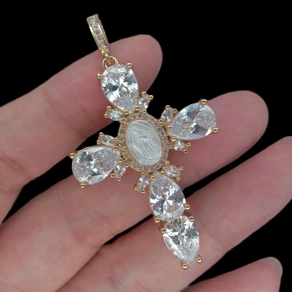5 PCs 30x43mm Clear Cubic Zirconia Pave White Shell Virgin Mary Crucifix Pendant
