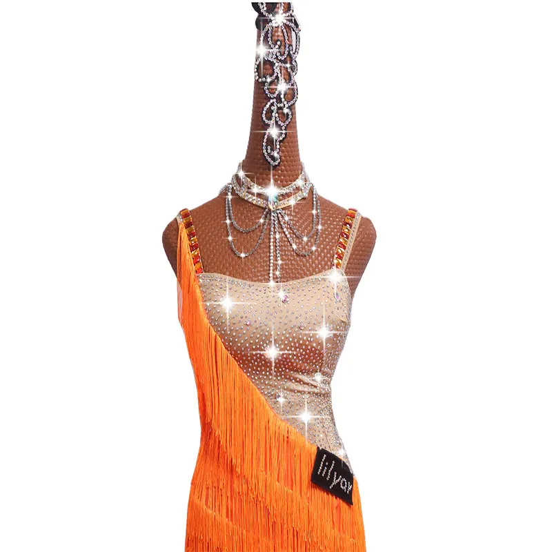 Latin Dance Competition Costume Performing Costume Tassels Skirt Slant Shoulder Coloured Diamond Brilliant #LD043