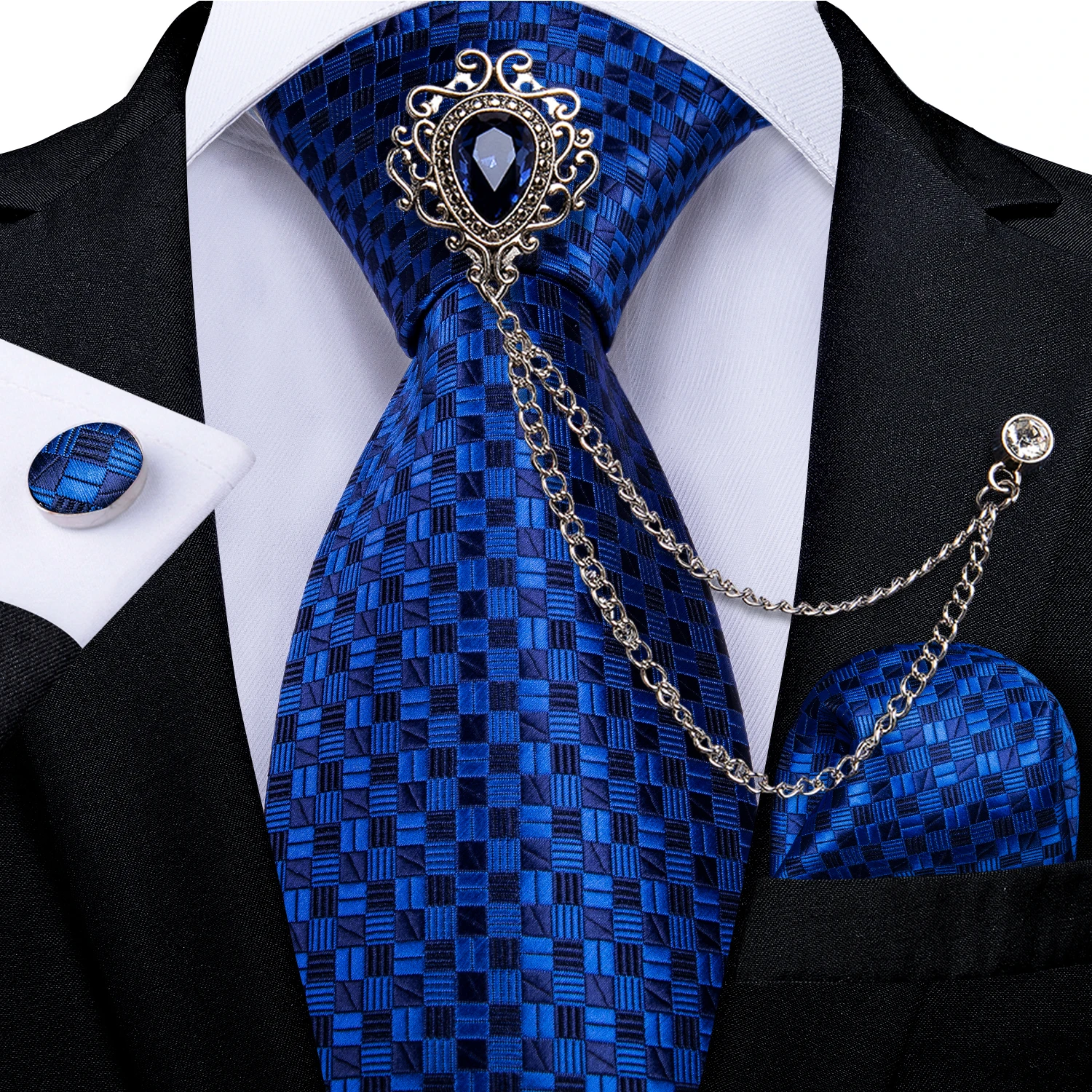 8cm Width Classic Royal Blue Plaid Men Ties Handkerchief Set Business Formal Necktie Luxury Blue Brooch Chain Gravatas DiBanGu