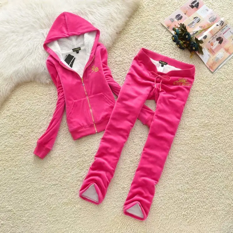 Juicy Lovers Brand Berber Fleece Velvet Women Sporting Suits Outdoor Jogging Tracksuits Hooded Collar Winter Sportswear suit