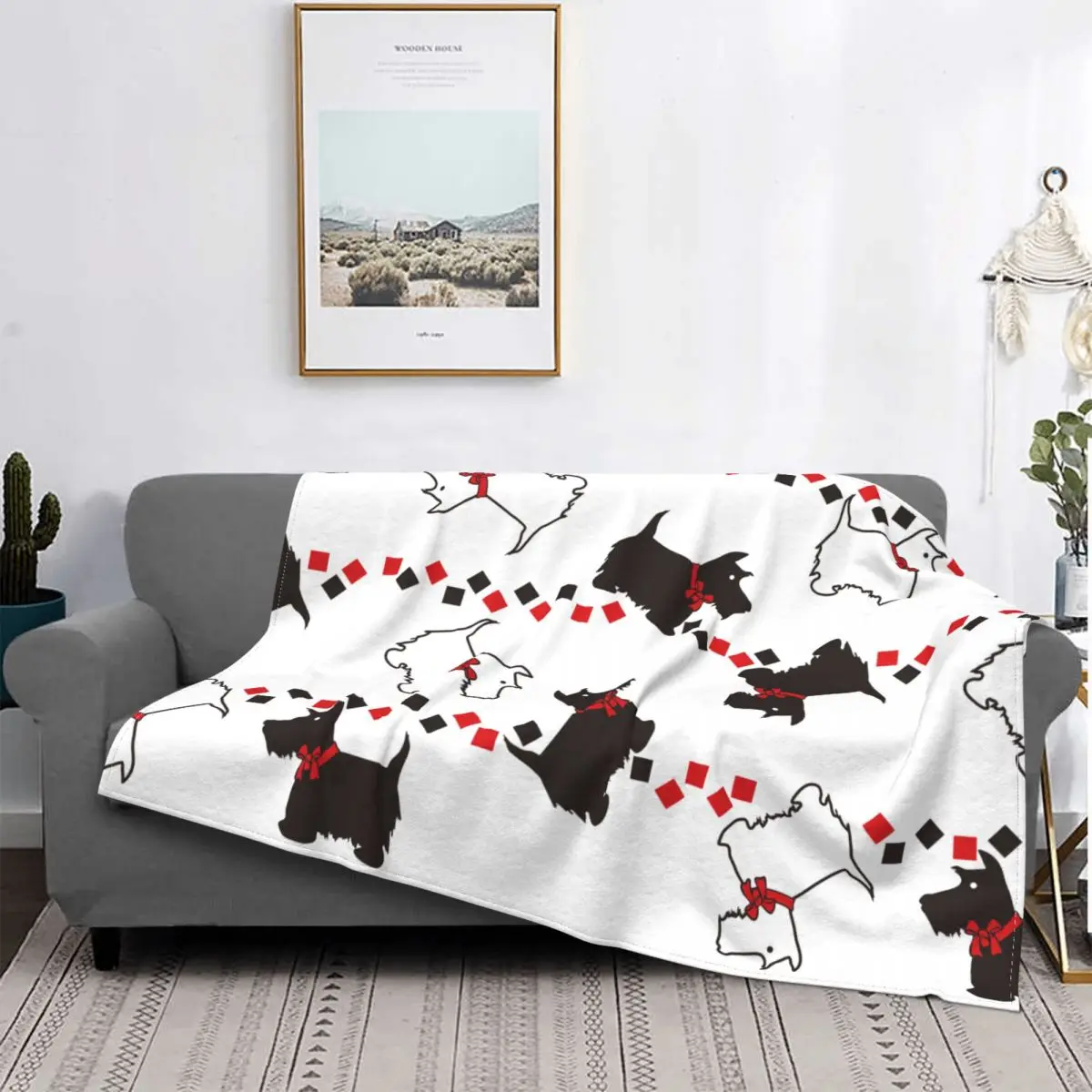 Scottie Dogs Knitted Blanket Gift for Animal Dog Lover Flannel Throw Blankets Bedroom Sofa Personalised Soft Warm Bedspread