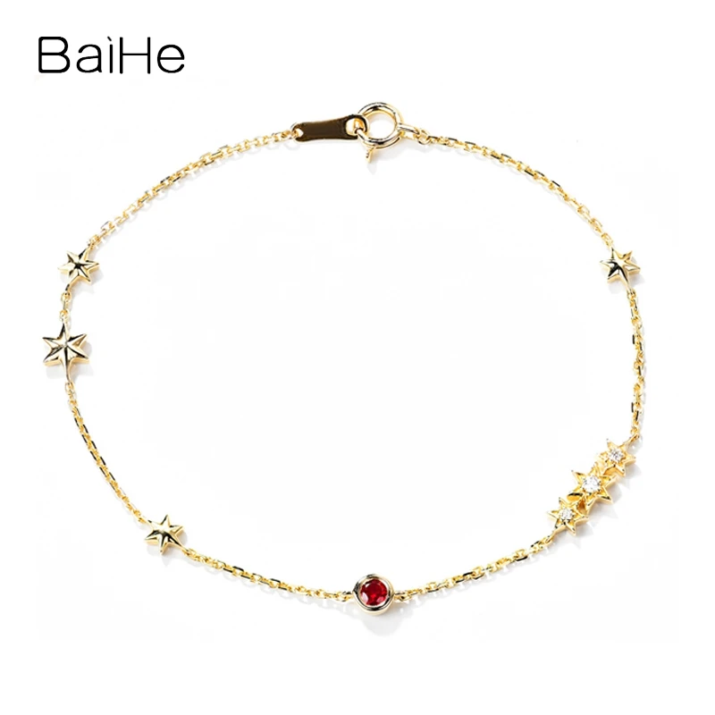 BAIHE Solid 18K Yellow Gold Natural Ruby Natural Diamond Star Bracelet Women Wedding Trendy Fine Jewelry pulseras mujer браслет