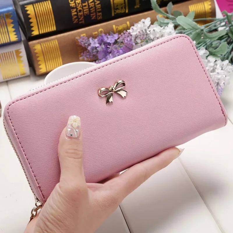 Korean Fashion Women Bowknot Long Wallets 8-Colour PU Leather Female Coin Purse Money Phone Card Holder Bag Zipper Clutch