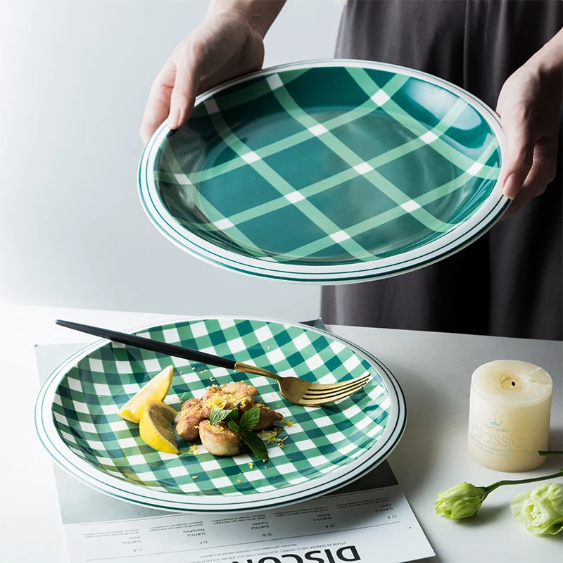 Ceramic Dinnerware Green Checkered Dinner Plate Noodle Rice Bowl Ramen Bowl Pasta Dessert Dishes Microwave Safe