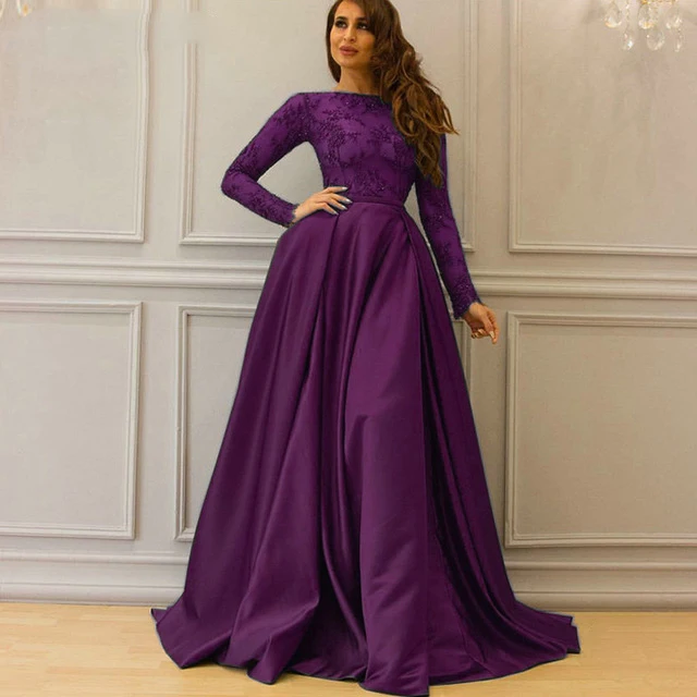 LORIE Burgundy Muslim Satin Evening Dress with Long Sleeves Appliques Prom Dress Dubai ormal Dress Saudi Arabic Plus Size Gowns