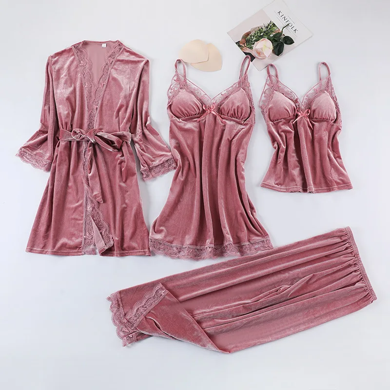 2022 Black Lace Gold Velvet 4 Pieces Women Warm Winter Pajamas Sets With Pants Sexy Robe Pajamas Sleepwear Sleeveless Nightwear