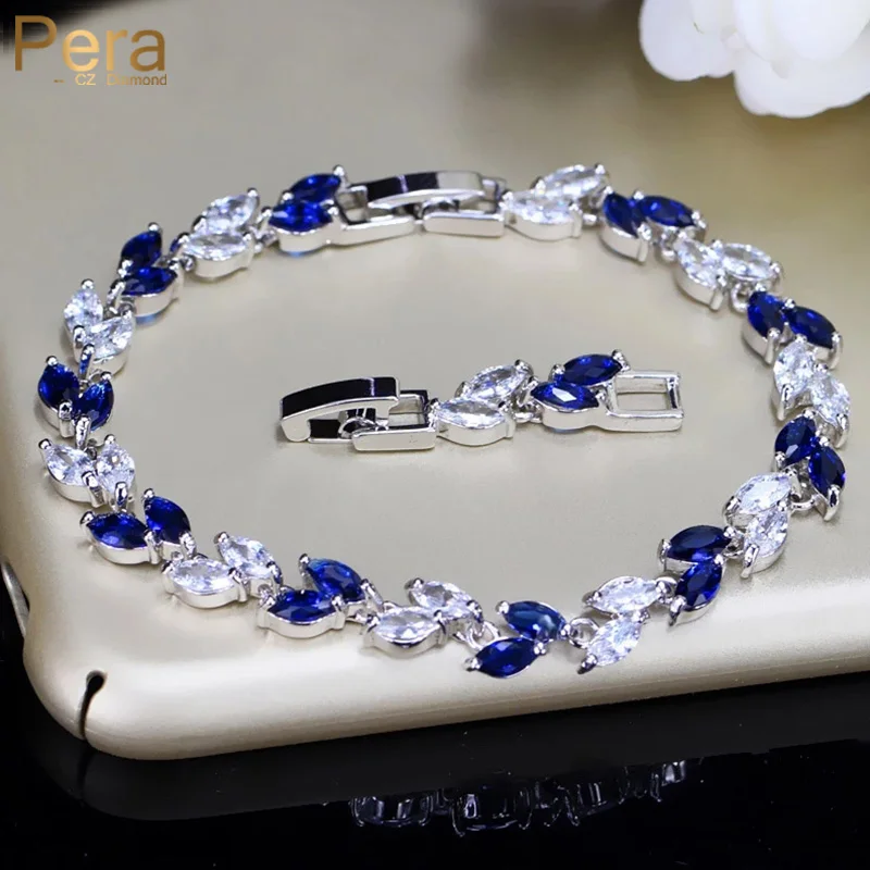 Pera Fashion Royal Jewelry Silver Color Elegant Leaf Shape Dark Blue Cubic Zirconia Stone Chain Link Bracelets for Women B005