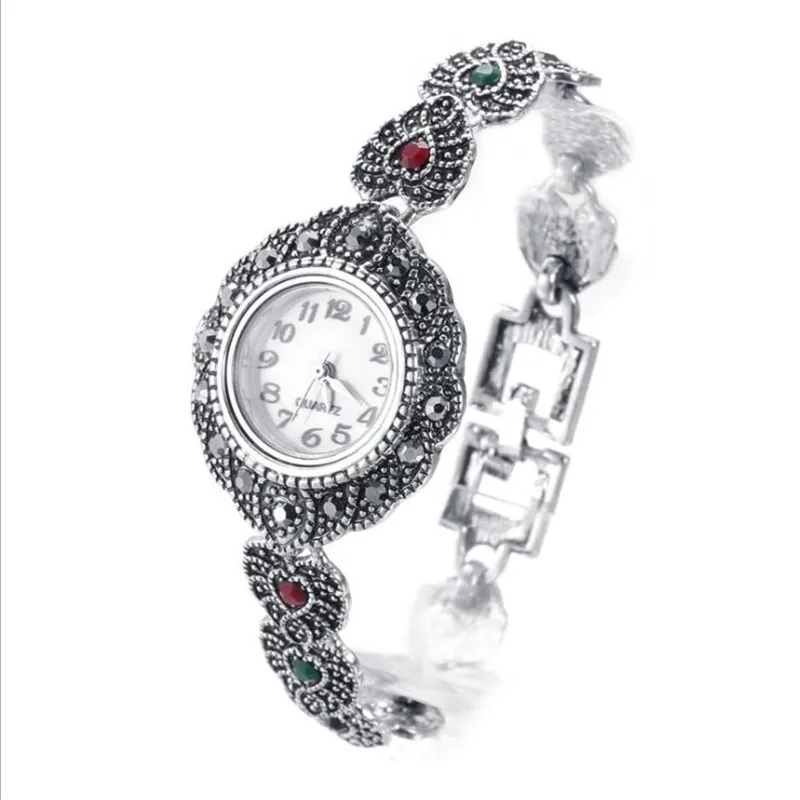 Tracked Girls Ancient Silver Plated Bracelet Jewelry Female Red Crystal Heart Quartz Watch Women Hand Accessories Ladies Watch