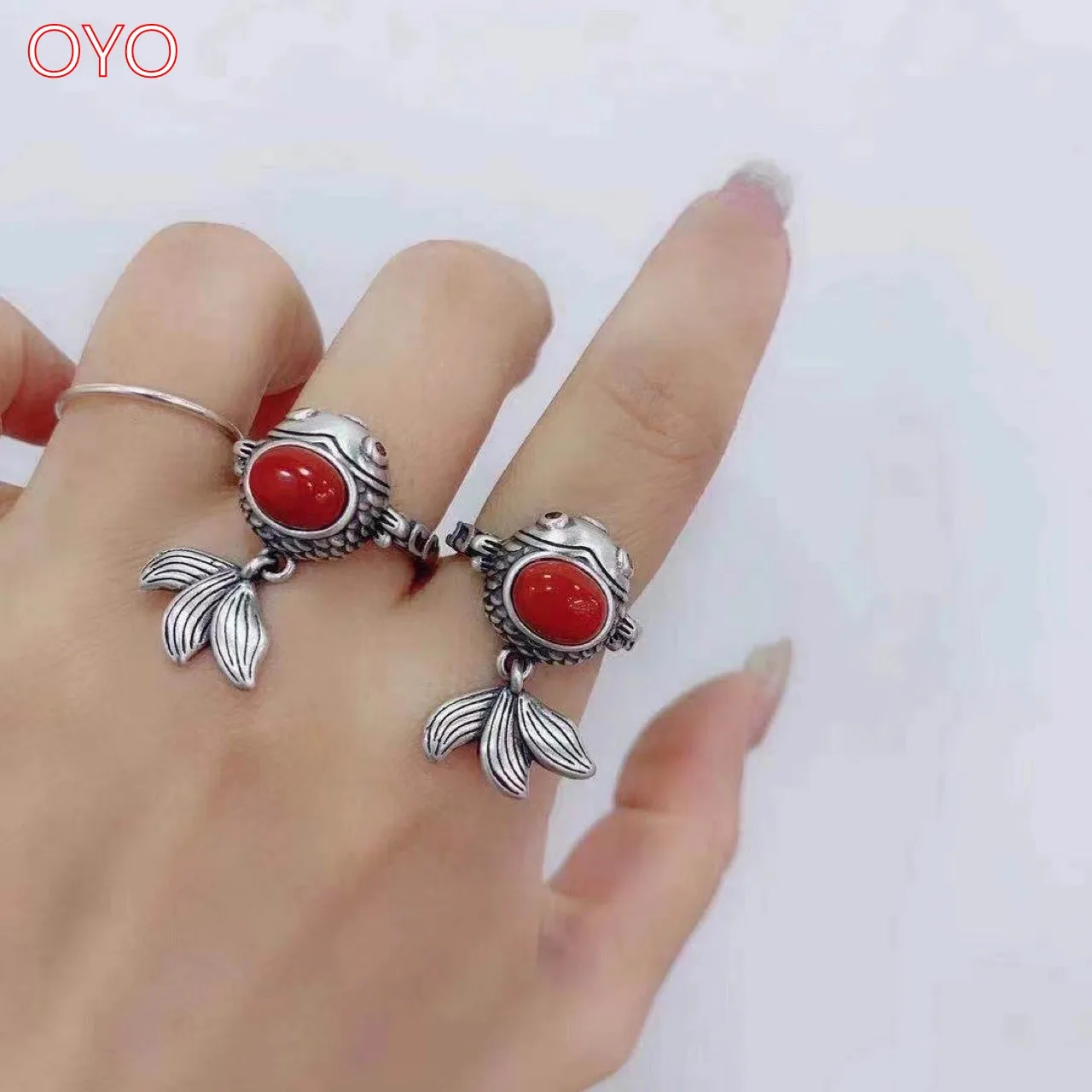 

Real s925 sterling silver southern red goldfish ring, retro matte personal fashion index finger ring, female live mouth adjustme