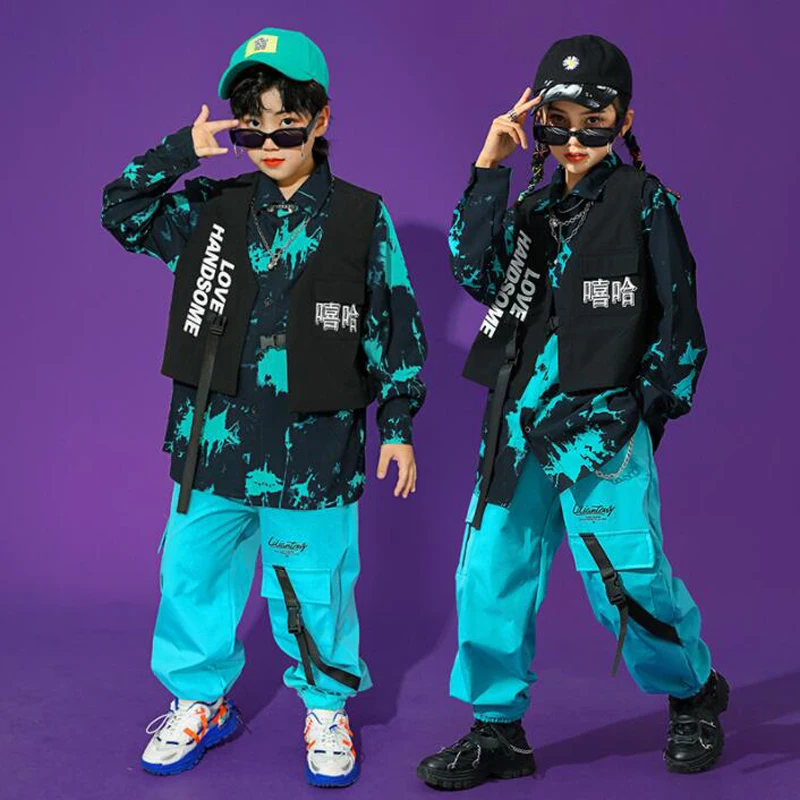 Kids Kpop Hip Hop Clothing Print Shirt Tops Sleeveless Jacket Streetwear Blue Cargo Pants for Girl Boy Dance Costume Clothes