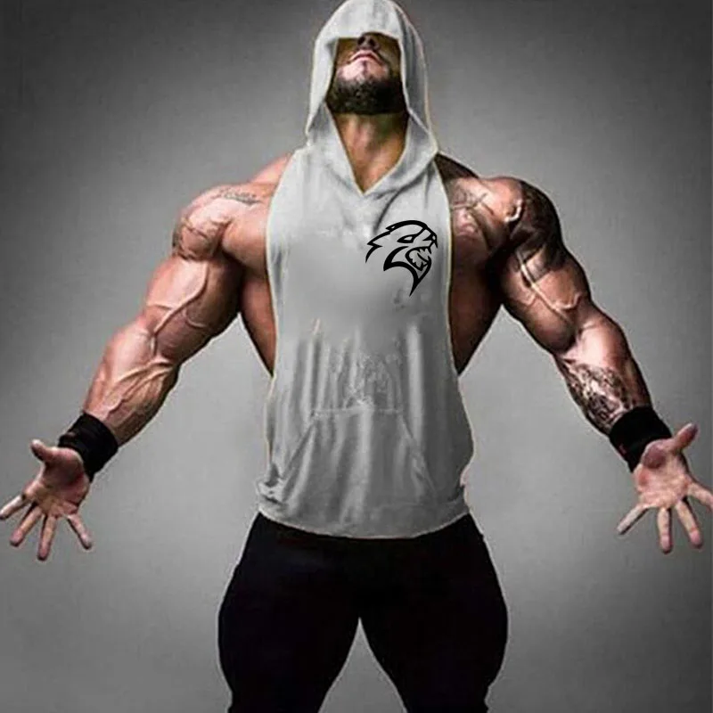 Summer Sleeveless Men\'s Gym Shirt Bodybuilding Fitness Muscle Hooded Tank Tops Run Training 100% Cotton hood Singlet Shirt Tank