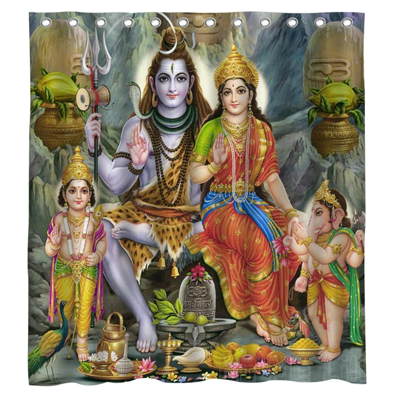 The Hindu Deity India Religion God Shower Curtain BuddhaTemple Durga Lakshmi Shiva Parvati Kartik And Ganesha Art For Bathroom