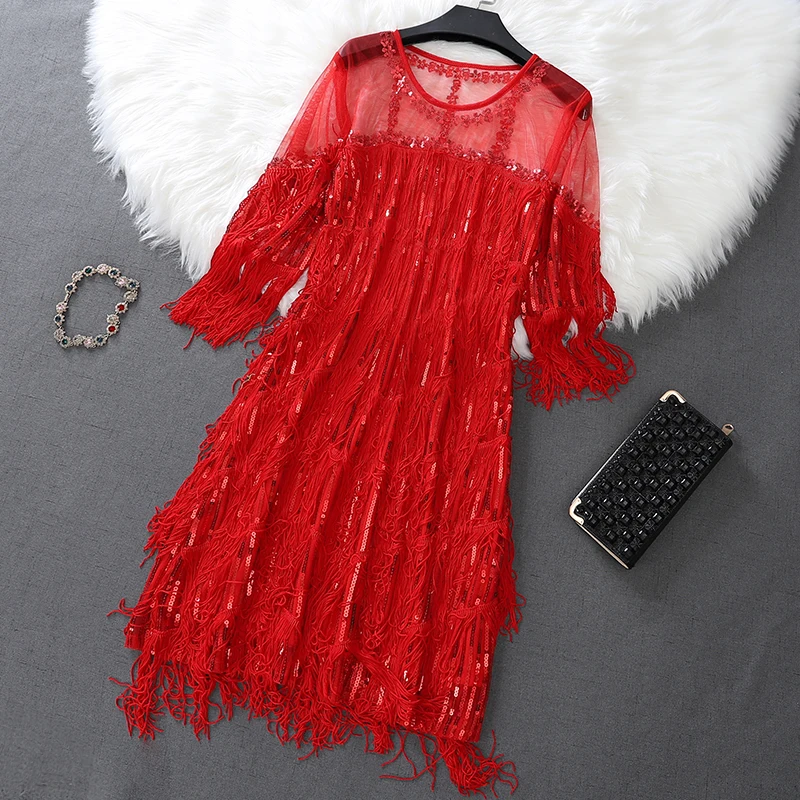 New Female o-collo Stars paillettes Mesh Shiny Fairy Dress donna elegante Bling garza principessa nappa abiti Vestidos De Fiesta 3/4