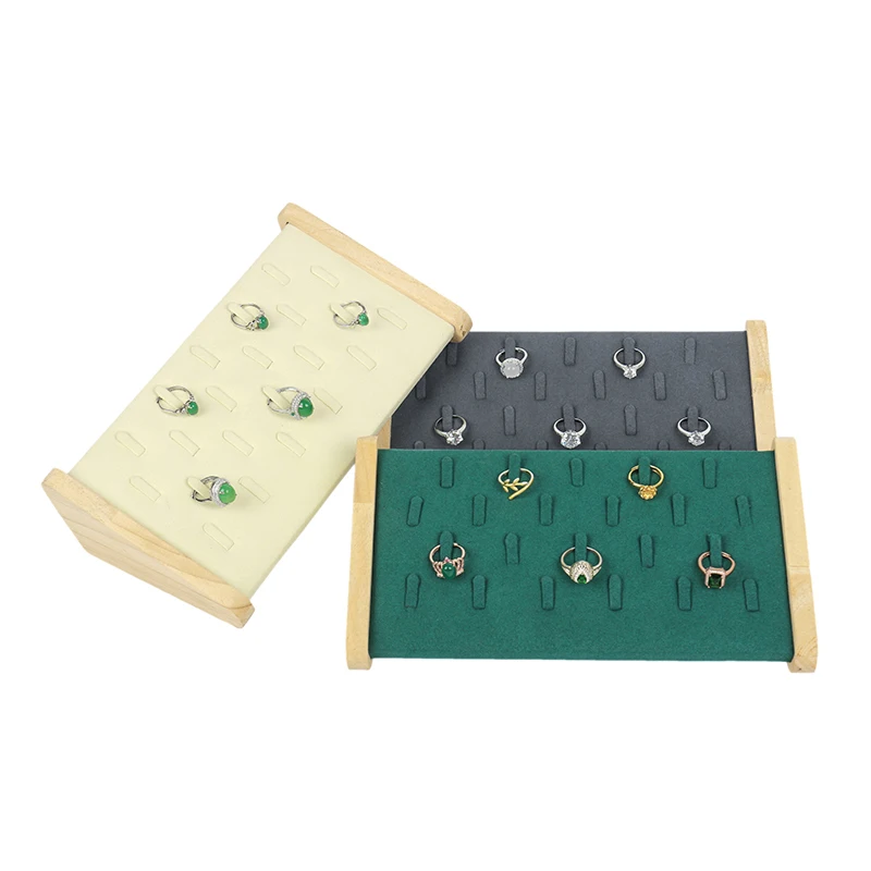 Beige Massief Houten Microfiber 22 Grids Geneigd Vliegtuig Femal Ring Sieraden Display Trays Voor Oorbel Hangende Showcase Standhouder