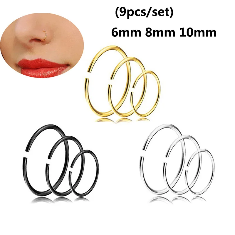 9Pcs Stainless Steel Body Jewelry Seamless Segment Sexy Rings Nose Hoops Ear Piercing Tragus Nose Rings Ear Cartiliage Tragus