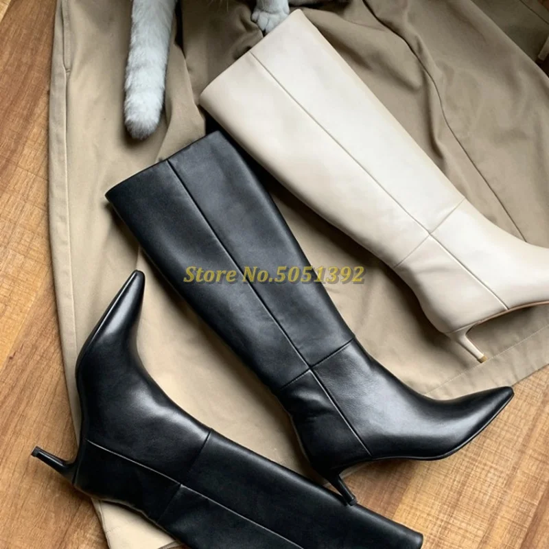 Stivali alti al ginocchio in pelle cachi moda 2020 Slip On stivali tacco a spillo Sexy punta a punta solido sottile scarpe eleganti tacco alto