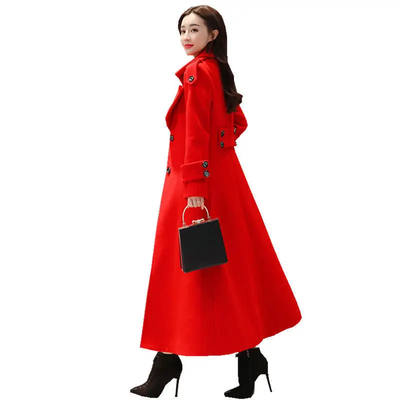 Women's Long Woolen Coat  2023 Spring Autumn New Korean Waist  Slimming Over-Knee Thick Keep Warm Woolen Coat Lady Overcoat W2