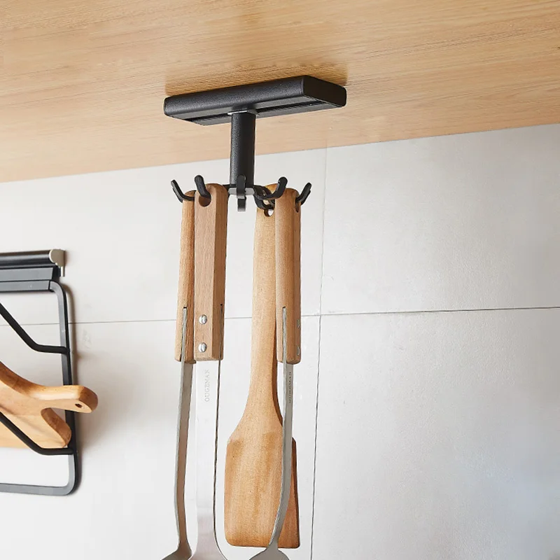 360 Degree Rotate Kitchen Utensil Holder Black Wall Movable Hook Handbag Shelf Home Hanger Organizer Aluminum Storage Rack