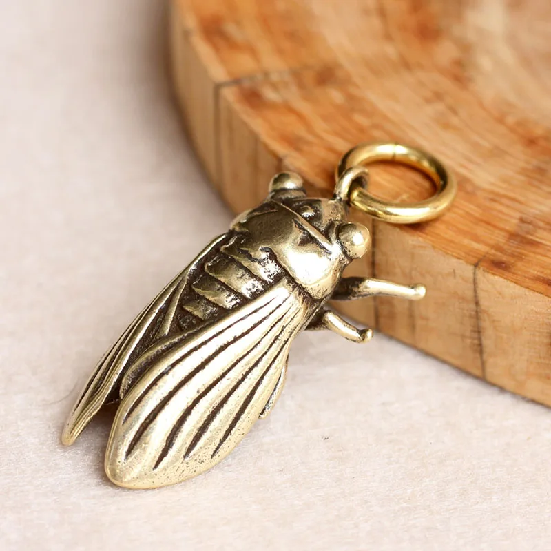 Vintage Brass Cicada Keychain Pendants Gifts Pure Copper Lucky Key Chain Ring Hanging Trinkets Chinese Feng Shui Keyring Pendant