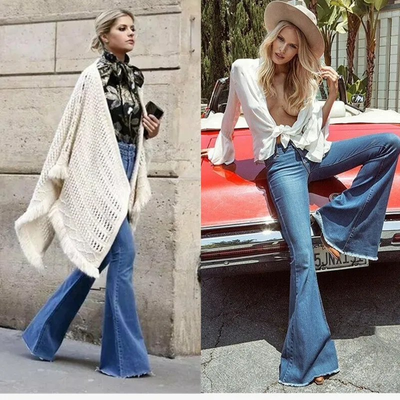 

Fashion Stretch Denim Flared Jeans Lady Grunge Push Up Bell Bottom Jeans Pants Women HighWaist Plus Size Free Shipping Dark Blue