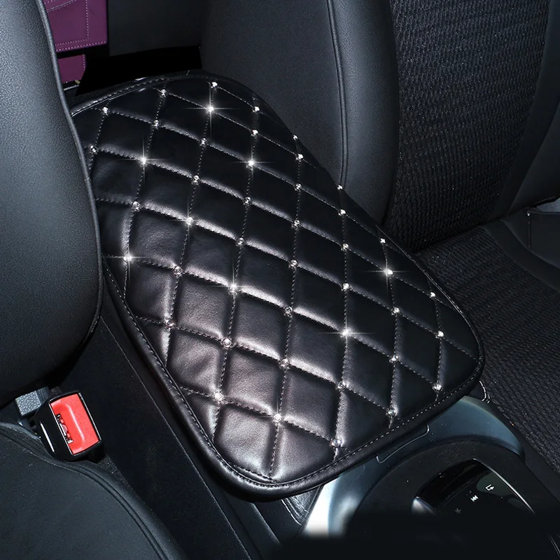 Rhinestones Crystal PU Leather Car Armrests Cover Pad Universal Center Console Auto Arm Rest Seat Box Cushion Protector Black