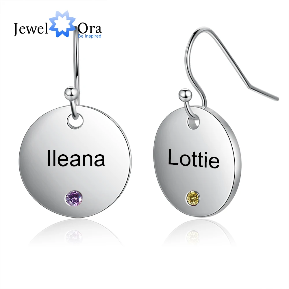 JewelOra Personalized Name Earrings with 2 Birthstones Custom Engraving Name Dangle Earrings Bridesmaids Wedding Gift for Her