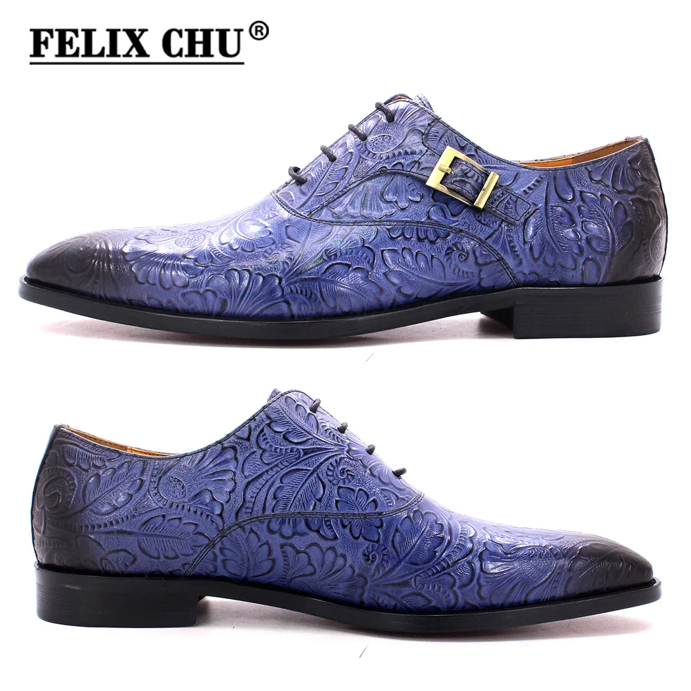 Size 6 To 13 Mens Dress Shoes Oxford Genuine Leather Blue Print Buckle Lace Up Pointed Toe Party Wedding Classic Shoes for Men