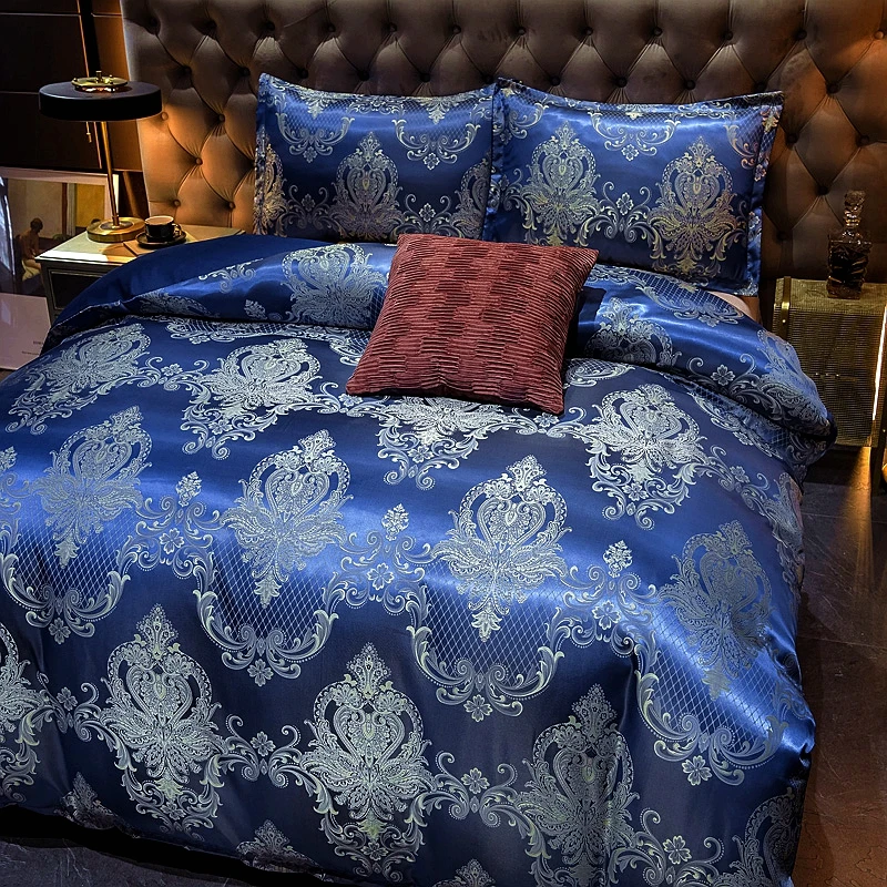 Jacquard duvet cover set soft satin silky bedding down cover pillowcase set with zipper seal, blue, medium size double bed