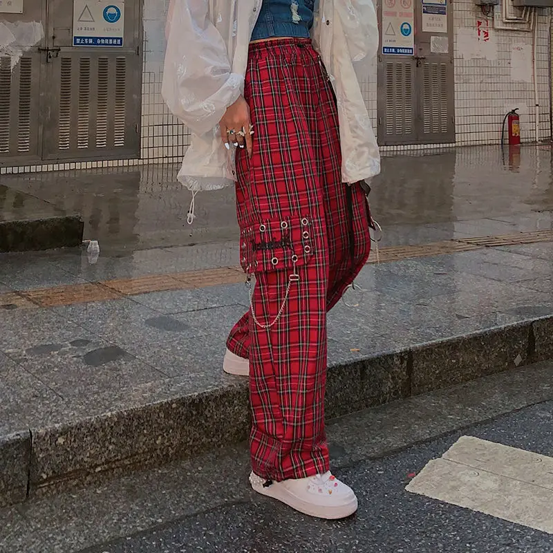 Punk Cargo กางเกงผู้หญิง Harajuku สีแดงลายสก๊อตกางเกง Egirl Hip Hop Checkered กางเกง Streetwear Goth Emo Grunge เสื้อผ้าเอวสูง