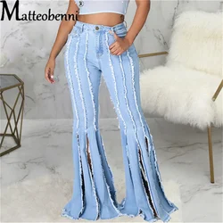 New Women Flare Jeans High Waist Fringe Hole Denim Skinny Pants Ladies Stretch Jeans Female Wide Leg Jeans Bell Bottoms Clothes