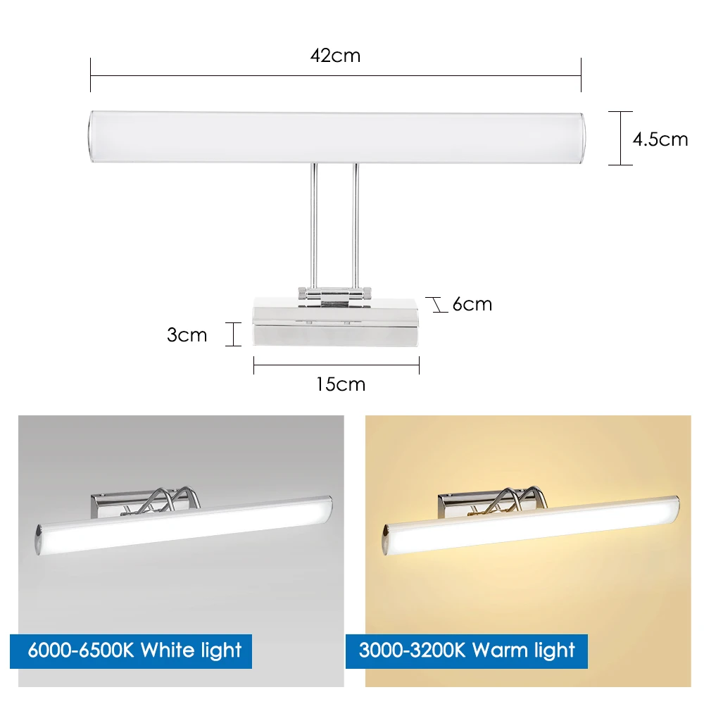 LUCKYLED Led Mirror Light Wall Lamp Bathroom 12W 42cm AC220V 110V Waterproof Wall Mounted Stainless Steel Vanity Light Fixtures